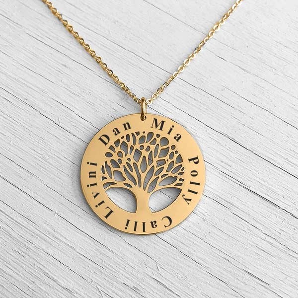 14K Real Solid Gold Family Tree of Life Pendant Necklace for Women